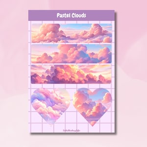 May include: A digital printable sheet with the title "Pastel Clouds" featuring five different images of pastel pink, purple, and blue clouds. The images are arranged in a grid pattern with two heart-shaped images at the bottom.