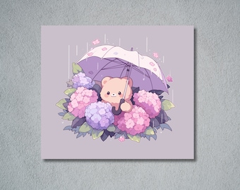 Rainy Days Artprint, Süßer Bär Artprint, Wandbild, Süßer Bär mit Regenschirm, Regenschirmbär Kunst, Süße Kunst, Bär und Blumen