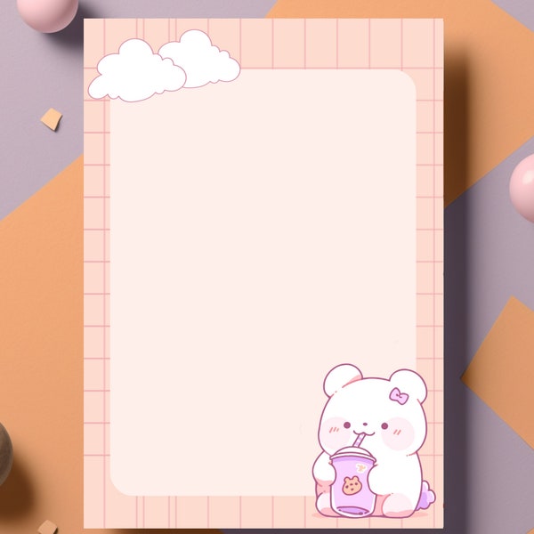 Cute Kawaii Bear Memopad, A6 Notepad, Pastel Colors, Bear Sipping Notepad, Kawaii Memopad, A6 Memopad