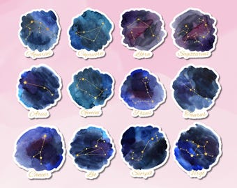 Cute Zodiac Sign Sticker, Dark Sky Zodiac Stickers, Cute Zodiacs Sticker Set, Cute Star Sign Stickers, Star Sign Zodiacs Sticker