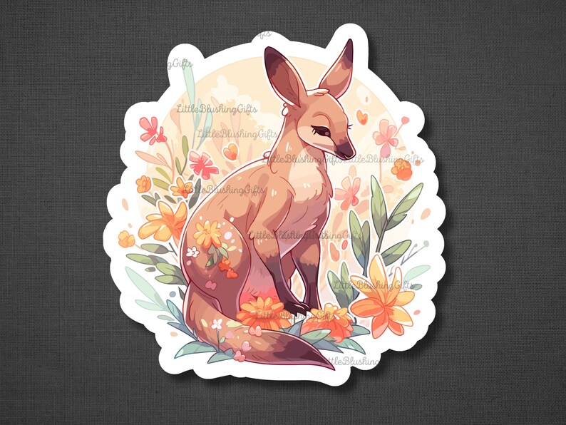 K&ouml;nnte beinhalten: Ein Aufkleber mit einem Cartoon-Fuchs mit orangefarbenem und braunem Fell, umgeben von gelben und rosa Blumen. Der Fuchs sitzt auf seinen Hinterbeinen mit dem Schwanz hinter sich eingerollt. Der Hintergrund ist ein sanftes Gelb mit einem wei&szlig;en Kreis.