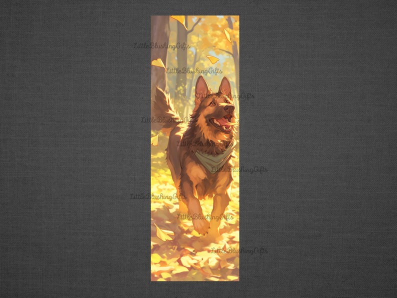 May include: A brown and tan German Shepherd dog with a blue bandana runs through a field of yellow leaves. The dog is looking up and smiling.