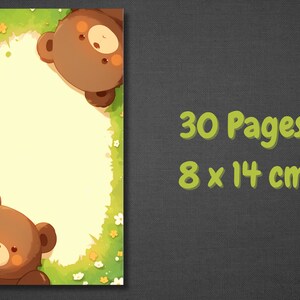 May include: A 30-page notebook with a brown bear illustration on the cover. The cover features a green and white floral design. The notebook is 8 inches by 11 inches.