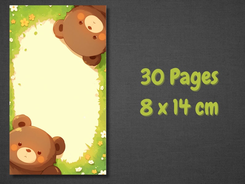 May include: A 30-page notebook with a brown bear illustration on the cover. The cover features a green and white floral design. The notebook is 8 inches by 11 inches.