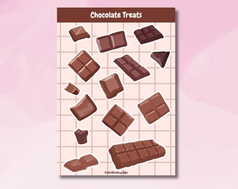 May include: A sheet of stickers featuring various shapes and sizes of chocolate bars. The stickers are on a white background with a grid pattern. The text "Chocolate Treats" is at the top of the sheet.