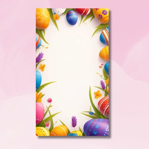 May include: A white background with a border of colorful Easter eggs and green grass. The eggs are decorated with various patterns and colors, including blue, red, yellow, and green.