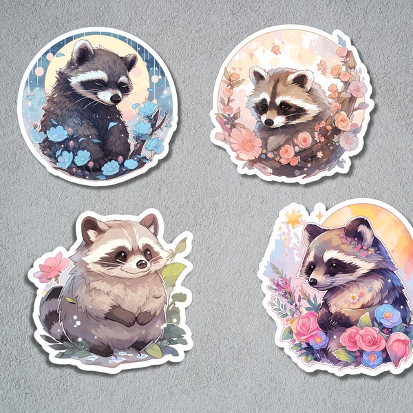 Cute Racoon Stickers, Racoon Sticker Set, Animal Sticker, Grass Animal Sticker, BuJo Supplies, Kids Sticker