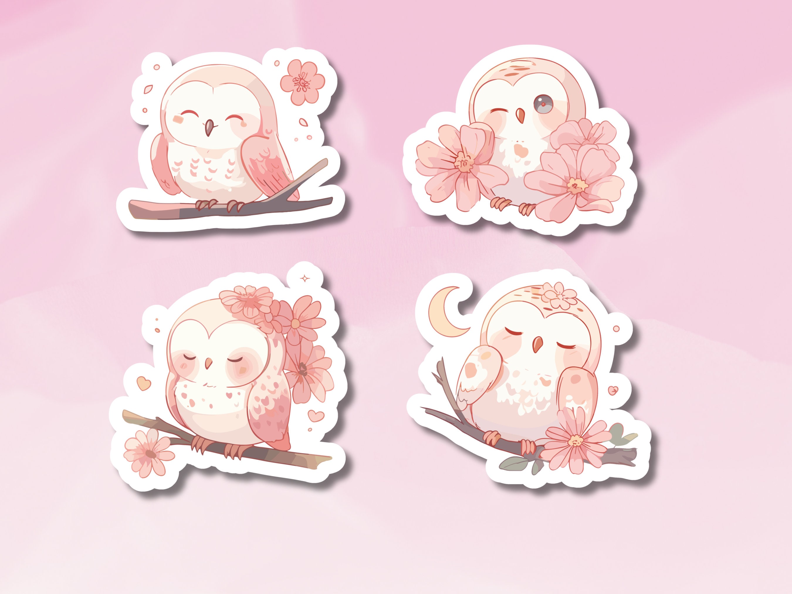 Kawaii Owl Sticker Set: Pastel Pink, Adorable Owl Design