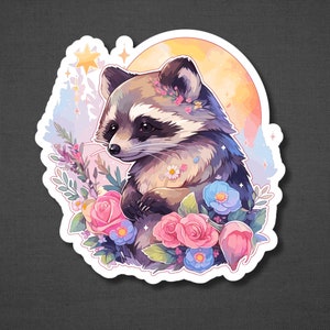 Puede incluir: Un adorable mapache de dibujos animados con una corona de flores se sienta en un campo de flores rosas y azules. El mapache est&aacute; rodeado de una luna y estrellas brillantes.