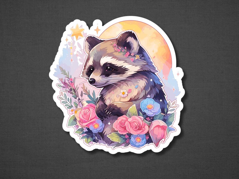 Puede incluir: Un adorable mapache de dibujos animados con una corona de flores se sienta en un campo de flores rosas y azules. El mapache est&aacute; rodeado de una luna y estrellas brillantes.