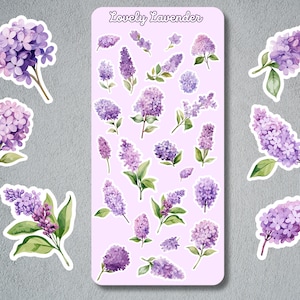 Pastel Purple Lavender Sticker Sheet, Lavender Stickersheet, Pastel Lavender, Lavender Stickers, Floral Stickersheet