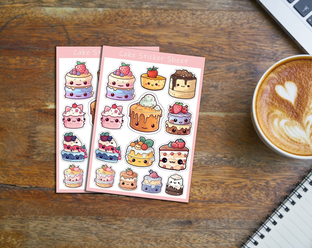 Cute Cake Sticker Sheet, Glossy Sticker Sheet, Gift for Food Lover ...
