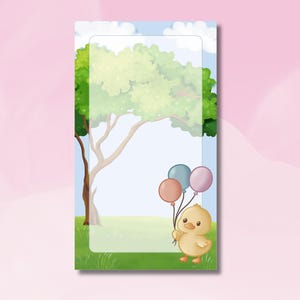 May include: A charming illustration of a duckling holding three balloons in a park scene. The background shows a tree, grass, and a light blue sky with clouds. The duckling is yellow, and the balloons are peach, blue, and lavender.
