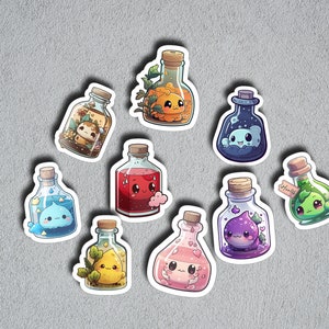 May include: Nine colourful glass bottles with cute cartoon characters inside. Each bottle has a different colour liquid and a different character. The bottles are on a grey background.