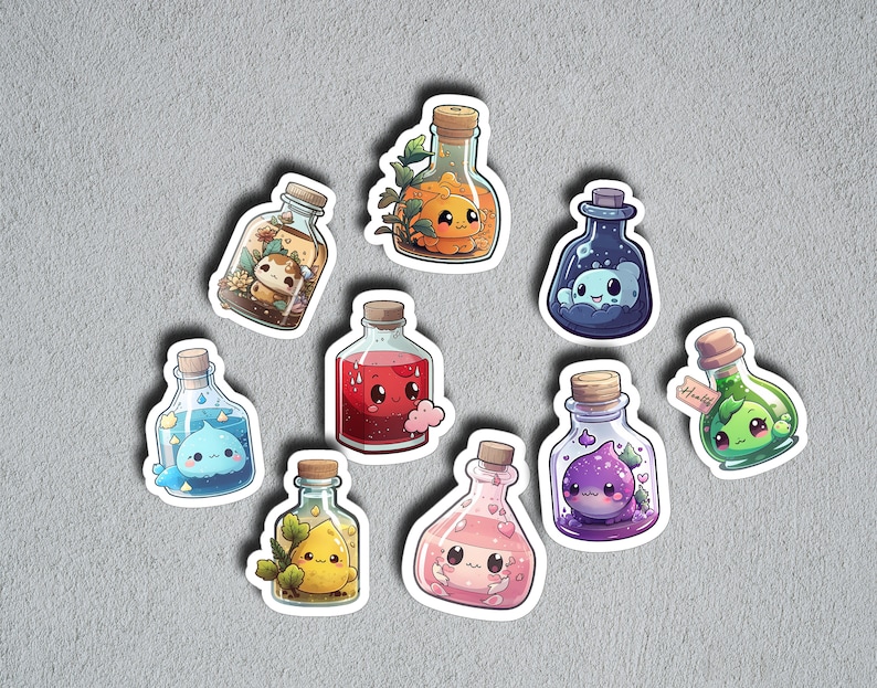 May include: Nine colourful glass bottles with cute cartoon characters inside. Each bottle has a different colour liquid and a different character. The bottles are on a grey background.