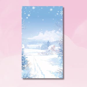 Könnte beinhalten: Eine verschneite Winterlandschaft mit einem kleinen Haus in der Ferne. Der Weg zum Haus ist mit Schnee bedeckt und es stehen Bäume auf beiden Seiten des Weges. Der Himmel ist blau und es schneit.