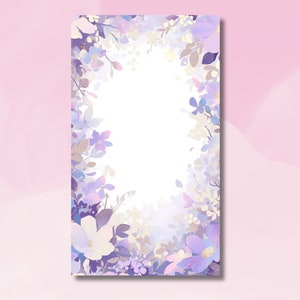 May include: A white background with a border of purple, blue, and white flowers. The flowers are arranged in a circular pattern around the edge of the image.