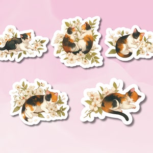 Sticker mignon chat calicot, chats calicot en fleurs, sticker chat fleur, sticker floral animal de compagnie, sticker fleur chaton