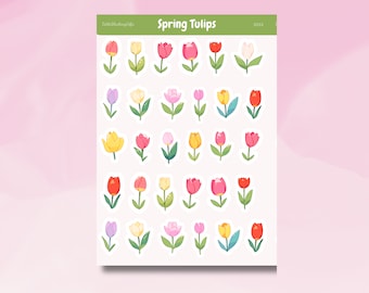 Puede incluir: Una hoja de pegatinas con ilustraciones de tulipanes coloridos. Las pegatinas muestran varios diseños de tulipanes en tonos de rojo, rosa, amarillo, morado y blanco, con tallos y hojas verdes. El texto "Spring Tulips" está en la parte superior.
