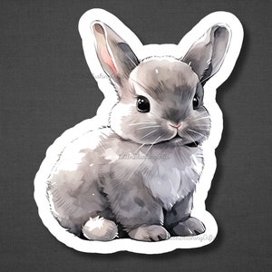 May include: A watercolour illustration of a grey bunny rabbit with white fur on its chest and belly. The bunny is sitting with its ears perked up and looking at the viewer.