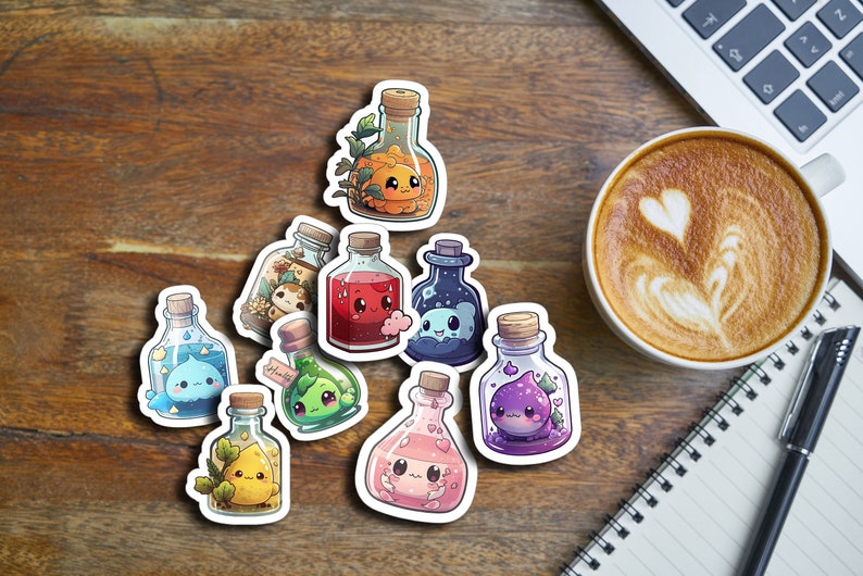 May include: Nine colourful glass bottles with cute cartoon characters inside. The bottles are on a wooden surface and have cork tops.