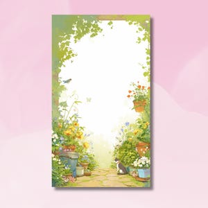 Könnte beinhalten: Eine fantasievolle Illustration eines Gartenwegs, der mit Topfpflanzen gesäumt ist, und einer Katze, die auf dem Weg sitzt. Der Weg ist aus Stein und die Blumen sind in verschiedenen Farben, darunter Gelb, Orange und Rosa. Die Katze ist weiß und grau und hat einen langen Schwanz. Der Hintergrund ist zartrosa.