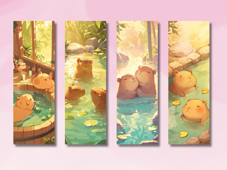K&ouml;nnte beinhalten: Vier vertikale Kunstdrucke mit Cartoon-Wasserschweinen, die sich in hei&szlig;en Quellen entspannen. Die Illustrationen zeigen Wasserschweine in einer Holzwanne und in Wasserbecken mit Felsen und Seerosenbl&auml;ttern. Die Farbpalette umfasst warme Gelb- und Gr&uuml;nt&ouml;ne.