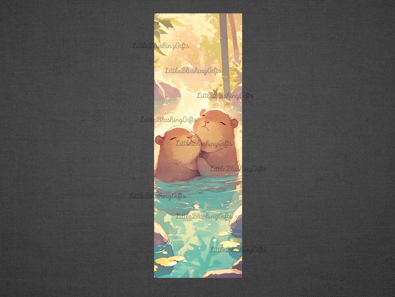 K&ouml;nnte beinhalten: Lesezeichen mit einer Illustration von zwei Ottern, die sich in einem ruhigen, sonnendurchfluteten Gew&auml;sser umarmen. Die Otter haben weiches braunes Fell, eingebettet in t&uuml;rkisfarbenes Wasser, mit Bambusst&auml;ngeln im Hintergrund.
