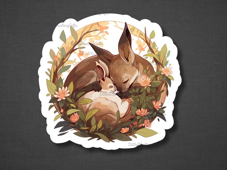 K&ouml;nnte beinhalten: Ein Aufkleber mit einem braunen Fuchs und einem wei&szlig;en Kaninchen, die zusammen in einem Kreis aus gr&uuml;nen Bl&auml;ttern und rosa Bl&uuml;ten schlafen.