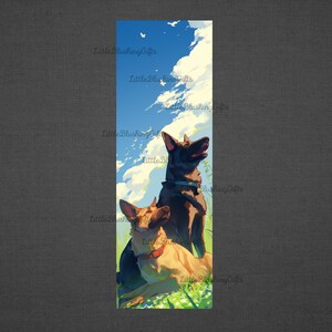 May include: Two German Shepherd dogs, one brown and one black, are looking up at the sky. The sky is blue with white clouds. The dogs are standing in a field of green grass.