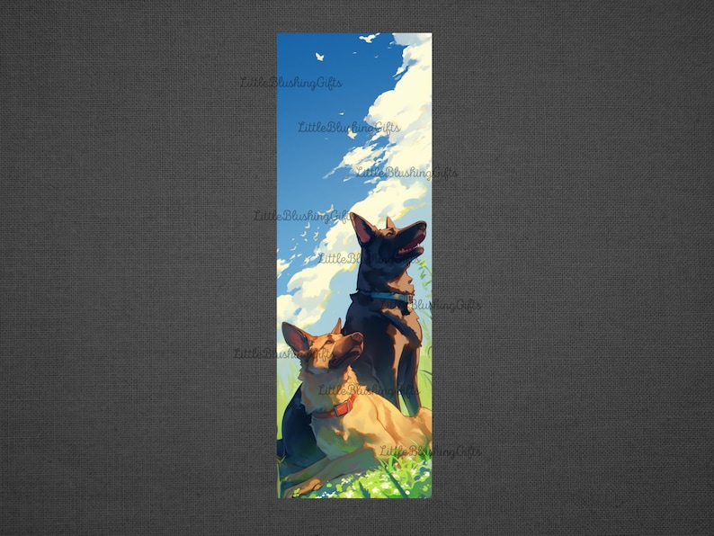 May include: Two German Shepherd dogs, one brown and one black, are looking up at the sky. The sky is blue with white clouds. The dogs are standing in a field of green grass.