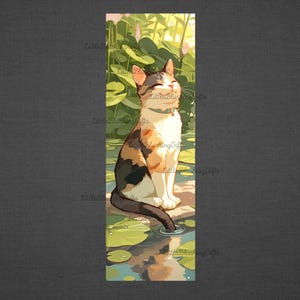 May include: A calico cat with green eyes sits on a rock in a pond with lily pads. The cat is looking up and smiling. The water is clear and reflects the sky and clouds.