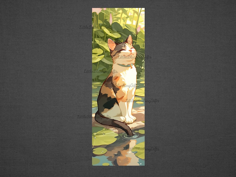 May include: A calico cat with green eyes sits on a rock in a pond with lily pads. The cat is looking up and smiling. The water is clear and reflects the sky and clouds.
