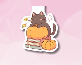 Cute Grey Cat with Pumpkin Bookmark, Cat Bookmark, Magnetic Cat Pumpkin Bookmark, Book and Halloween Bookmark, Magnetic Bookmark