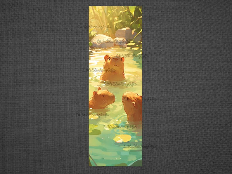 K&ouml;nnte beinhalten: Illustration von drei Wasserschweinen in einem Teich. Die Wasserschweine sind hellbraun, mit ihren K&ouml;pfen und R&uuml;cken, die &uuml;ber dem Wasser sichtbar sind. Das Wasser ist hellgr&uuml;n, und im Hintergrund gibt es Seerosen und Felsen. Die Szene ist sonnenbeschienen.