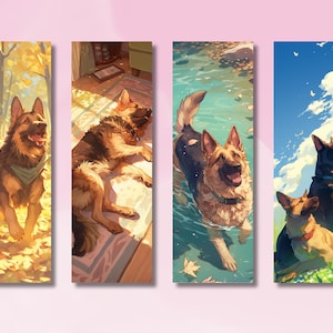 May include: Four digital illustrations of German Shepherd dogs in different settings. The first image shows a dog running through a forest with autumn leaves. The second image shows a dog lying down on a rug. The third image shows a dog swimming in a river. The fourth image shows two dogs sitting on a grassy hill.