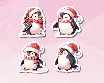 May include: Four cartoon penguin stickers with red Santa hats and scarves. The penguins are standing on a white background.