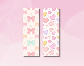 May include: Two printable bookmark designs. The first design features a white background with a repeating pattern of pink, light blue, and peach bows. The second design features a white background with a repeating pattern of pink, peach, and light blue hearts.