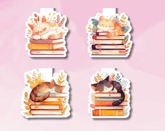 Cute Magnetic Cat on Books Bookmark, Sleeping Cat Bookmark, Cozy Magnetic Bookmark, Reading Cat Bookmark, Various Cats on Books