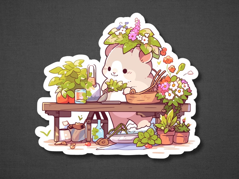 Puede incluir: Un h&aacute;mster de dibujos animados con una corona de flores se sienta en una mesa con una variedad de plantas en macetas. El h&aacute;mster sostiene una peque&ntilde;a regadera y parece estar cuidando las plantas.