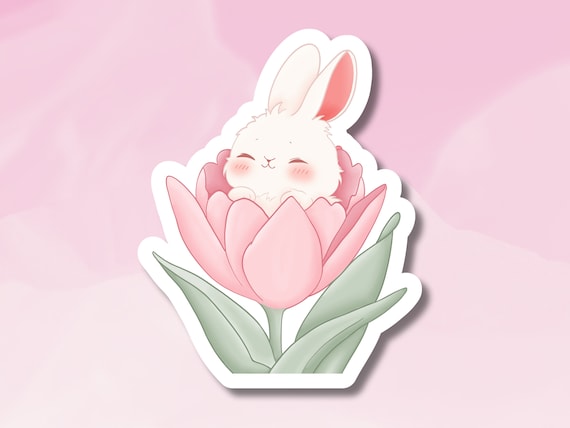 Bunny in a Tulip Sticker, Cute Bunny Sticker, Rabbit in Flower Sticker, Vinyl Bunny Sticker, BuJo and Diary Supplies