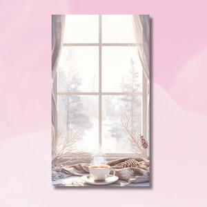 May include: A cozy winter scene featuring a window overlooking a snowy forest. A white teacup with steam sits on a saucer, placed on a table with a blanket and decorative pinecones. The scene is illuminated by soft, natural light.