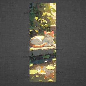 May include: A white and orange cat with green eyes is napping on a stone ledge near a pond. The cat is surrounded by green plants and the sun is shining on the scene.