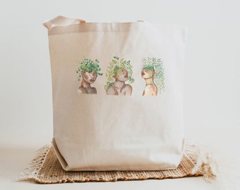 Plant Ladies  Watercolor Print Large Canvas Tote Bag | Botanical Art | Aesthetic Bag | Market Bag Tote Bag | Shoulder Bag | Shopping Bag