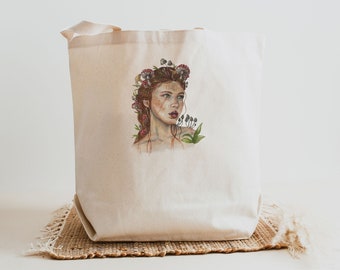 Mushroom Goddess Watercolor Print Large Canvas Tote Bag | Mushroom Art | Aesthetic Bag | Market Bag Tote Bag | Shoulder Bag | Shopping Bag