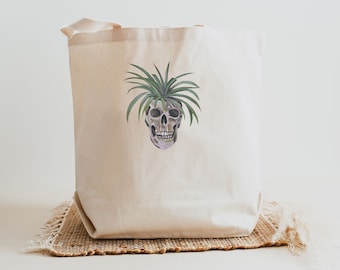 Spider Plant Skull Watercolor Print Large Canvas Tote Bag | Plant Art | Aesthetic Bag | Market Bag Tote Bag | Shoulder Bag | Shopping Bag