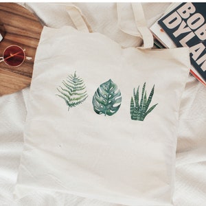 Leaf Study Watercolor Print Large Canvas Tote Bag | Monstera Snake Plant Fern Art | Aesthetic Bag | Market Bag Tote Bag | Shopping Bag