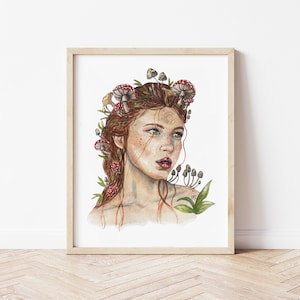 Mushroom Goddess Woman Watercolor Painting | Mushroom Art | 11x14 8x10 5x7