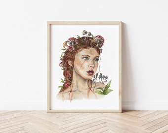 Mushroom Goddess Woman Watercolor Painting | Mushroom Art | 11x14 8x10 5x7