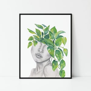 May include: A watercolour painting of a woman's face with green leaves growing over her head. The leaves are painted in shades of green and the woman's face is painted in shades of grey.